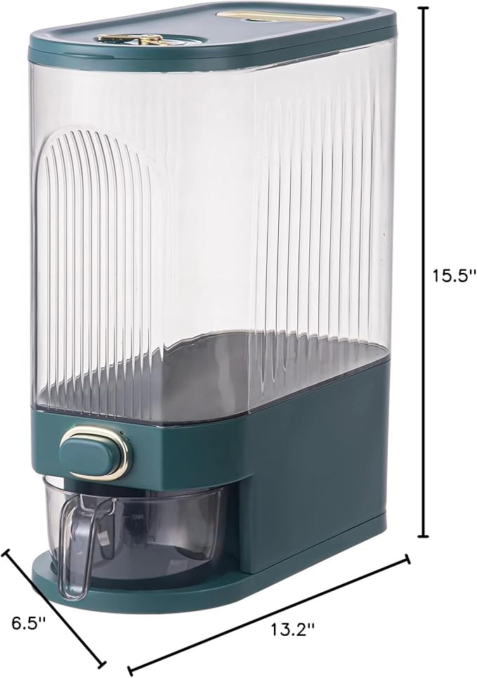 Sooyee Clear Rice Dispenser, Large Grain Container Storage with Lid Measuring Cylinder Moisture Proof Household Cereal Dispenser Bucket for Kitchen Soybean Corn,Clear and Green