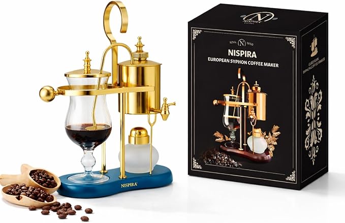 Nispira Belgian Balance Syphon Vacuum Coffee Maker, 500ml Vintage Gravity Brewing System, Gold & Peacock Blue Finish, Manual Tabletop Coffee Brewer