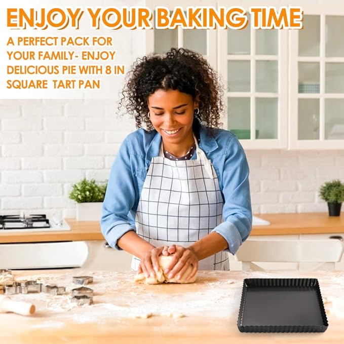 Square Pie Pan Nonstick Tart Pan With Removable Bottom Heavy Duty Carbon Steel Fluted Quiche Pan Tart Mold for Baking Mousse Cakes Dessert,8.2 x 1-Inch