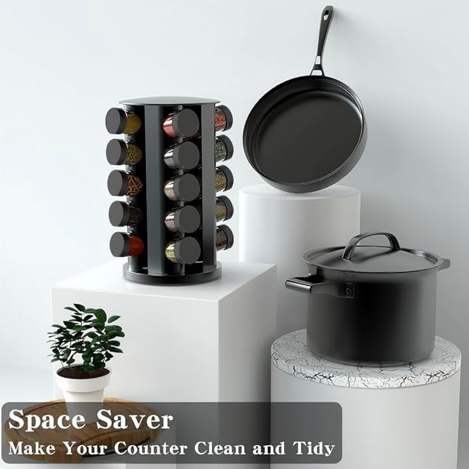 Rotating Spice Rack Organizer for Cabinet, Spice Racks Storage with 20 Jars, Spinning Spice rack for Kitchen Countertop, Spice Holder,Seasoing Storage Racks, Black