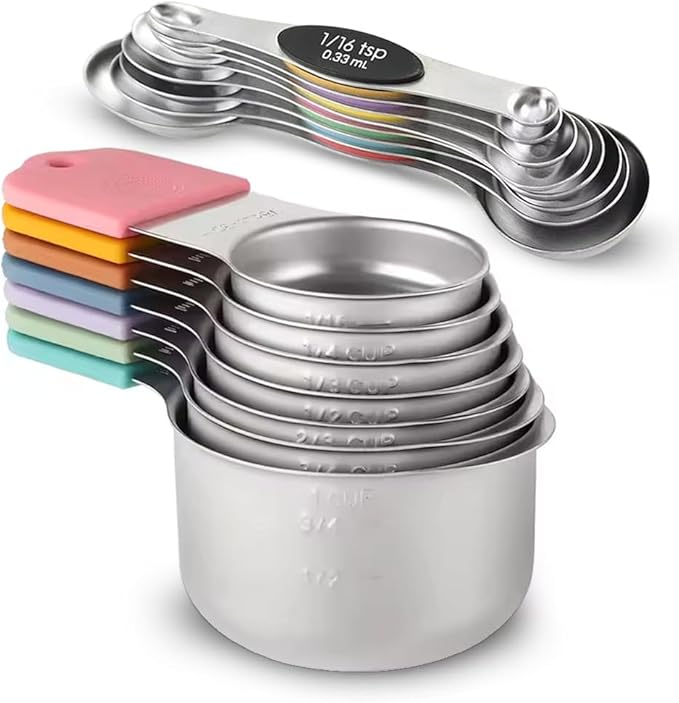 15 PCS Magnetic Measuring Spoons & Cups Set - 18/8 Food Grade Stainless Steel, Double Sided, Dishwasher Safe - Easy Read & Stackable for Effortless Storage