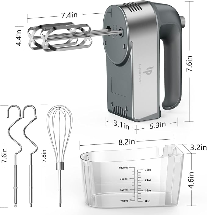 Hand Mixer Electric, 450W Kitchen Mixers with Scale Cup Storage Case, Turbo Boost/Self-Control Speed + 5 Speed + Eject Button + 5 Stainless Steel Accessories, For Easy Whipping Dough, Cream, Gray