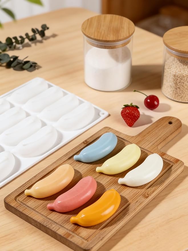 12 Cavity Silicone Banana Molds - Bananas Fruit Shaped Fondant Mold for Chocolate, Candy, Ice Cream, Mousse Cake, Soap, Resin, Lotion Bar, Ice Cube (Banana)
