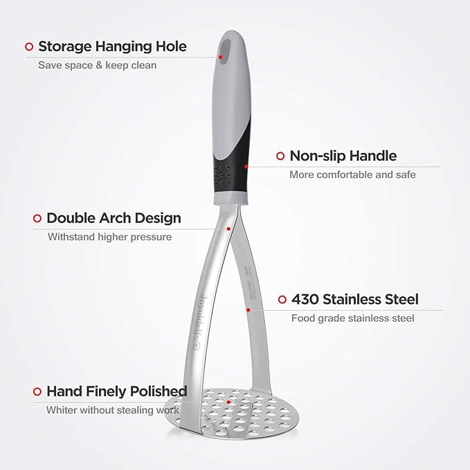 Joyoldelf Heavy Duty Potato Masher, Stainless Steel Integrated Masher Kitchen Tool & Food Masher/Potato Smasher with Non-slip Handle, Perfect for Bean, Vegetable, Fruits, Avocado, Meat