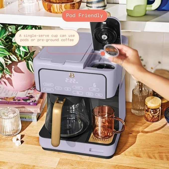 Beauti Multi Brew 12 Cup Programmable Drip & Single Serve Coffee Maker, Versatile Brewing (6oz, 8oz, 10oz, 12oz, 14oz), Pods or Ground, Over Ice option, Keep Warm mode (Lavender)
