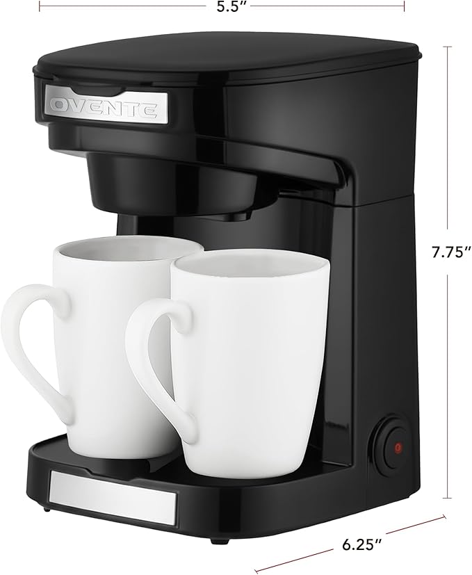 OVENTE Double Drip Coffee Maker with 2 Ceramic Mugs and Auto Shut Off, Small Dual Drip Coffee Maker Machine Works with Ground Coffee Only, Compact Kitchen or Office Essential, Black CMDD2MB