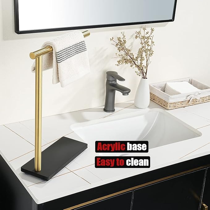 JQK Hand Towel Holder Stand Brushed Gold, Modern Tree Rack Free Standing for Countertop with 12 Inch Bar, 304 Stainless Steel Thicken 0.8mm, HTT170-BG