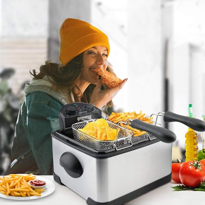 Secura 4 Liters / 17-Cup Stainless-Steel 1700-Watt Electric Deep Fryer with Timer Free Extra Odor Filter, Triple Basket, 4.5 Quarts, Silver