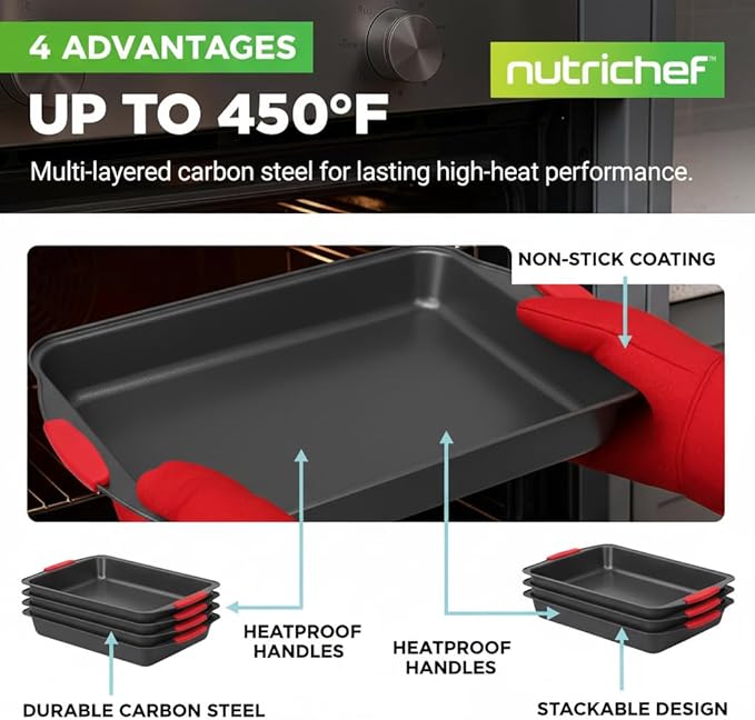NutriChef 10-Piece Nonstick Kitchen Oven Baking Pans - Premium & Stylish Non-Stick Carbon Steel - Commercial Grade Restaurant Quality Metal Bakeware with Silicone Handles - Easy to Clean, NCSBS10S