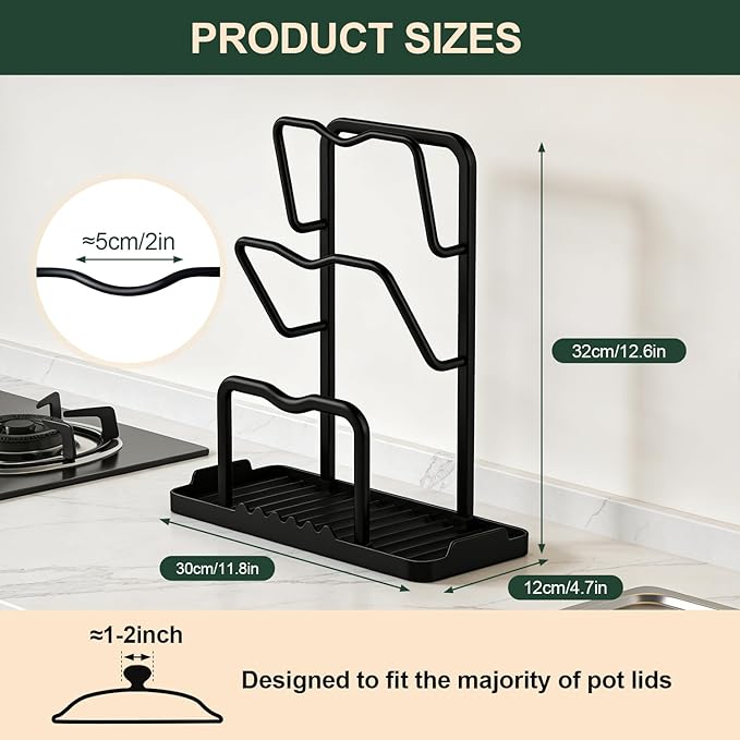 Kitchen Pot Lid Storage Rack: Carbon Steel Double Layer Pot Lid Organizer with Tray, Multifunctional Pot Lid Holder While Cooking, Saving Space Organizer Storage for Kitchen Countertop (Black)