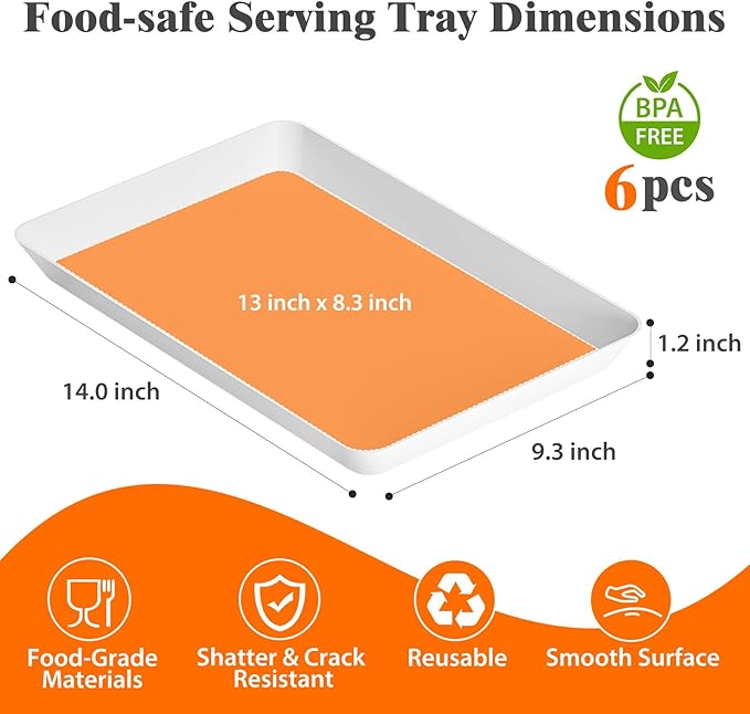 SpaceTrove 6-Pack Serving Tray Set, Reusable Plastic Serving Platter for Party Supplies, Entertaining, Grilling Accessories, Stackable Kitchen Snack Box Container for Dessert, Fruit, Cookie, (White)