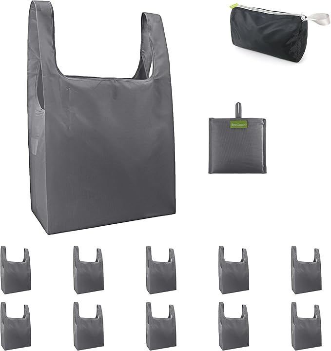 BeeGreen Grey Reusable Grocery Bags with Zipper Storage Pouch 10 Packs Gray Reusable Shopping Bags Bulk Foldable-Machine Washable