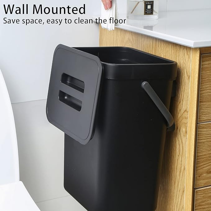 1.3 Gallon/ 5L Compost Bin Indoor Kitchen and 3.2 Gallon/12L Small Trash Can with Lid for Kitchen Cabinet，Black