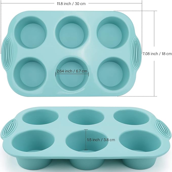 Silicone Muffin Pan - 6-Cavity Nonstick Baking Tray for Muffins, Cupcakes, Brownies and More - Food Grade and BPA Free - Pack of 3 Colors (Gray, Orange, Peacock Blue)