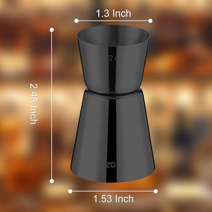 Briout Jigger for Bartending, 2 Pcs Double Cocktail Jigger Japanese Premium 304 Food Grade Stainless Steel Jigger 1 OZ 1/2 OZ, Flat Edge Black