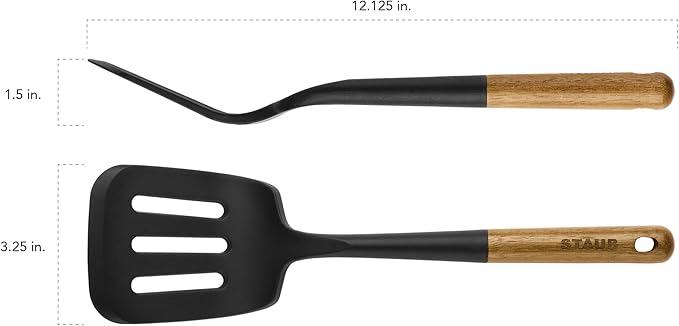 STAUB Silicone Spatula Turner, Perfectly Angled for Lifting Pancakes, Sandwiches and Picking up Veggies Durable BPA-Free Matte Black Silicone, Acacia Wood Handles, Safe for Nonstick Cooking Surfaces