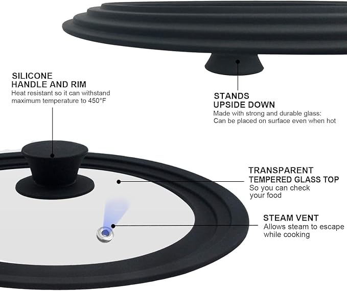 Walfos Universal Lid for 9", 10" and 10.5" Diameter Cookware, Fits Pots, Pans and Skillets - Walfos Tempered Glass Pan Lid with Heat Resistant Silicone Rim, BPA Free Pot Lids, Dishwasher-Safe, Black