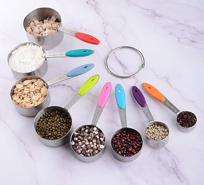Measuring Cups and Spoons Set with Silicone Handle, Set of 13 Including Stainless Steel 8 Measuring Cups & 5 Measuring Spoons. Widely Used Cooking Baking Measurement as Kitchen Gadget.