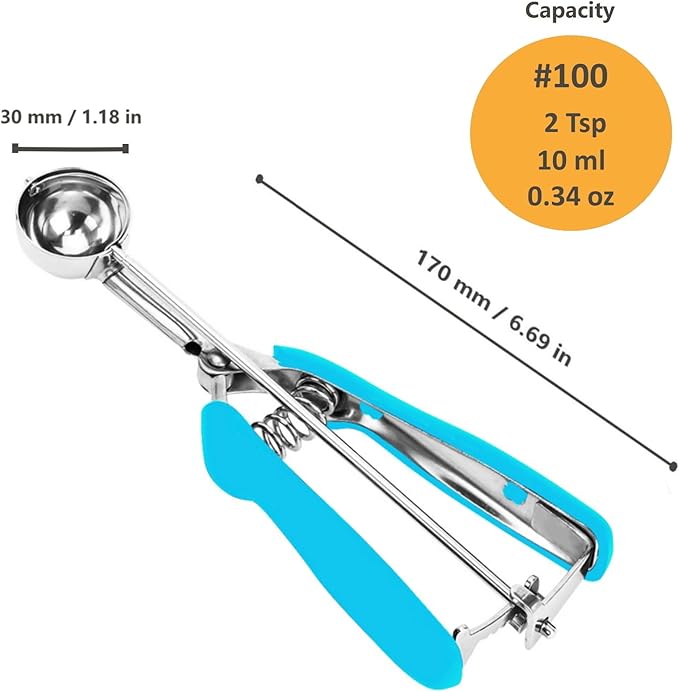 Mini Cookie Scoop, 2Tsp/10ml/0.34oz Cookie Scoops for Baking, 18/8 Stainless Steel Cookie Scooper for Baking, Cookie Dough Scoop with Non-slip Grip (Blue)