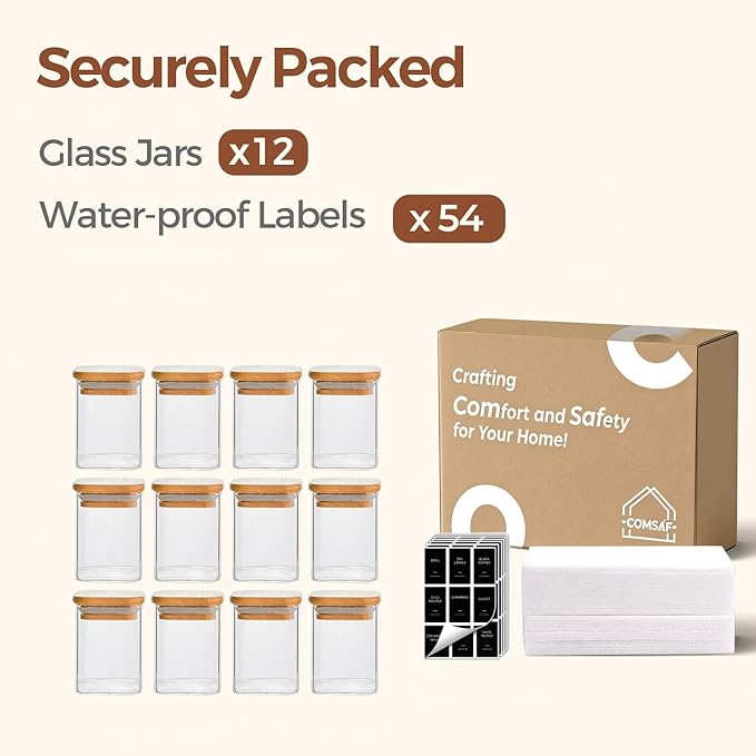 ComSaf Spice Jars with Labels 6 oz 12Pack, Small Spice Containers Starter Set, Glass Seasoning Jars with Lids, Square Seasoning Containers for Salt, Pepper, Chili Powder, Sugar, Ginger Ground, Cumin