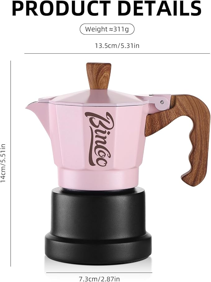 Bincoo Espresso Maker Stovetop,Camping Moka Pot 2 Cup/120ML,Stove Top Espresso Italian Coffee Maker,Easy to Use (Pink-black)