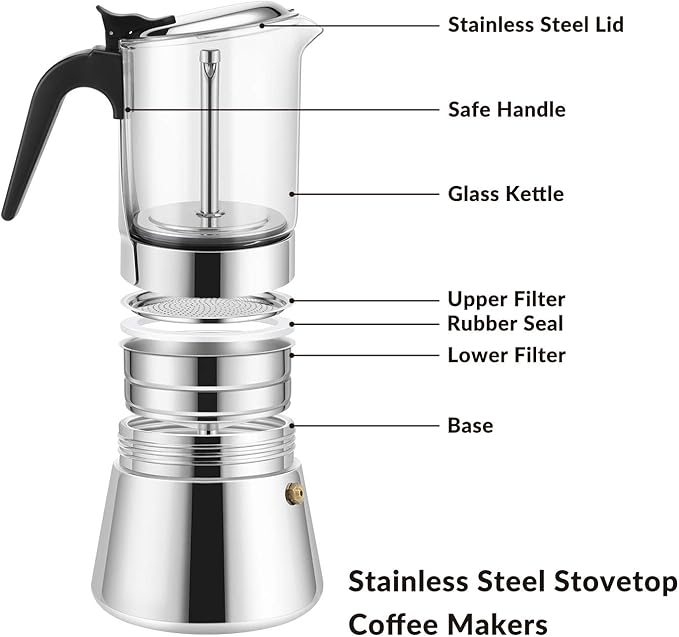 Geesta Premium Crystal Glass-Top Stovetop Espresso Moka Pot - 4/6/ 9 Cups - Stainless Steel Coffee Maker- 240ml/8.5oz/6 cup (espresso cup=40ml)