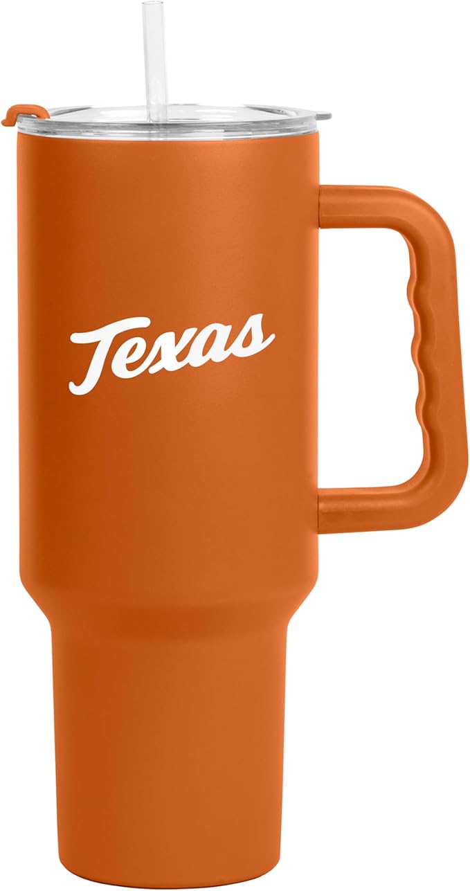 Logo Brands NCAA 40 oz Tumbler with Handle -Stainless Steel Insulated Travel Tumbler with Straw Lid – Powder Coated, Leak-Resistant, Keeps Drinks Hot/Cold – Great for Tailgating, or Everyday Use