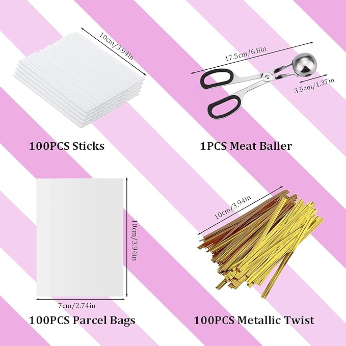 Lollipop Cake Pop Treat Bag Kit, Including 100Pcs Cake Pop Sticks, 100Pcs Parcel Bags, 100Pcs Twist Ties and 1 Cake Pop Mold, Cake Pop Maker Tools for Lollipops, Candies, Chocolates, Cookies