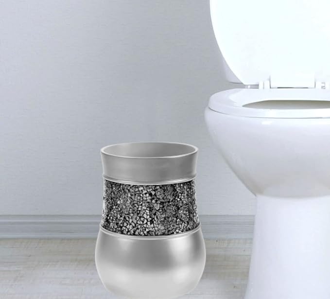 Creative Scents Crackled Glass Silver Small Bathroom Trash Can 2.06 Gal / 7.8L – Decorative Waste Basket for Bathroom, Powder Room or Bedroom - Durable Mini Wastebasket with Beautiful Crackled Glass