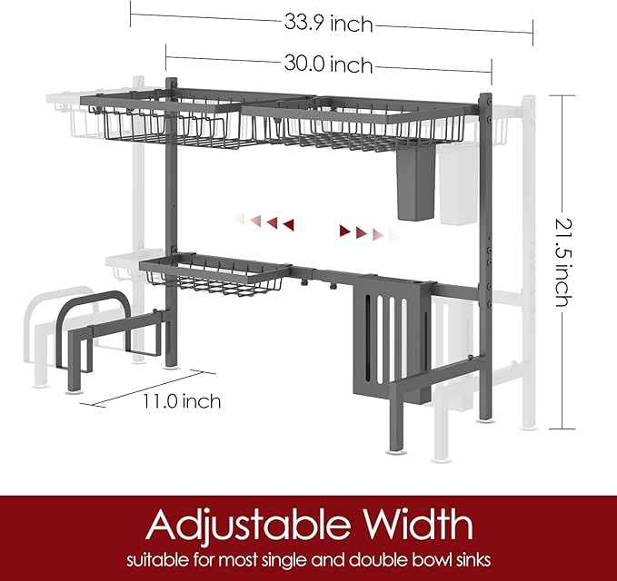 Over The Sink Dish Drying Rack - Adjustable 2 Tier Large Capacity Stainless Steel Drainer with Cutlery & Utensil Holders, Kitchen Storage & Organization, 30"-33.9" L x 11" W x 21.5" H, Gray
