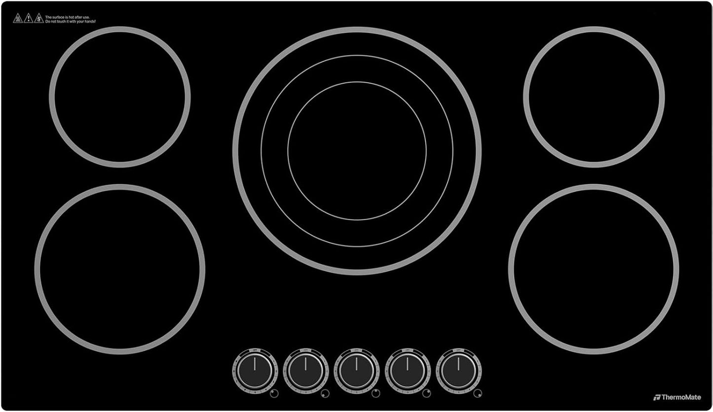ThermoMate 36 Inch Electric Cooktop, 5 Burners Knob Control Built-in Ceramic Cooktop, 30" Radiant Electric Stove Top of 9000W with 9 Heat Levels, Hot Surface Indicator, 220-240v, Hard Wired