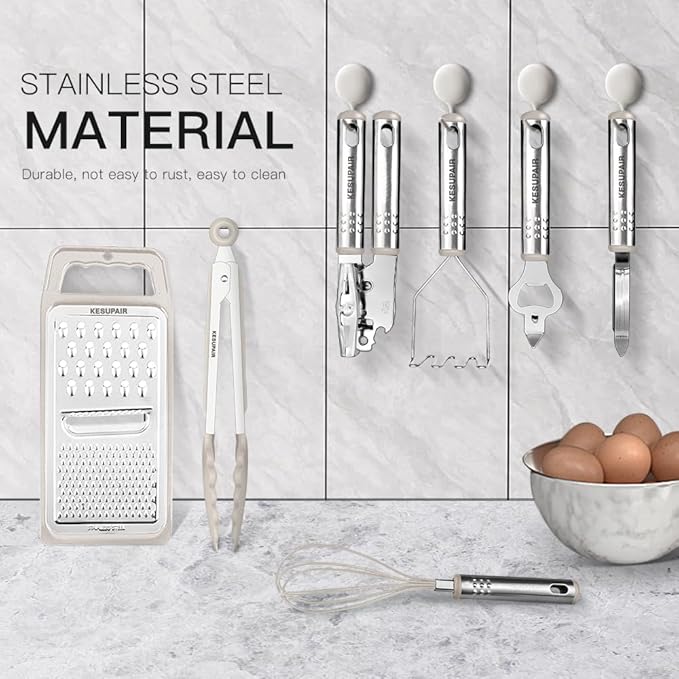 Kitchen Utensils Set - 446°F Heat Resistant Silicone Cooking Utensils Set-Kitchen Tools and Gadgets for Cooking Nonstick Cookware with Tongs,Turner,Spatula,Spoon,Brush,Peeler,Grater,Scissors (Khaki)