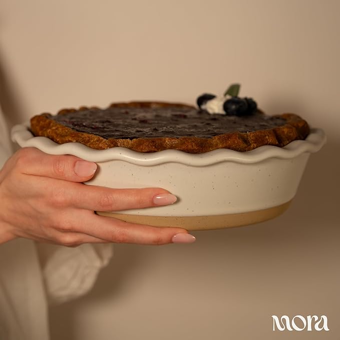 MORA Ceramic Pie Pan for Baking - 9 inch - Deep and Fluted Pie Dish for Old Fashion Apple Pie, Quiche, Pot Pies, Tart, etc - Modern Farmhouse Style Porcelain Ceramic Pie Plate - Oat