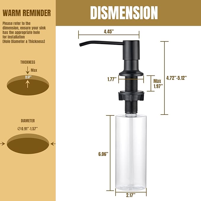 Built in Soap Dispenser for Kitchen Sink Countertop, Matte Black Stainless Steel Soap Dispenser Pump Head Refill from the Top with 11 Ounce Transparent Soap Bottle