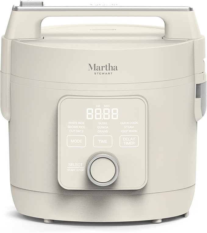 Martha Stewart Rice Cooker, 4 Cup (Uncooked) / 8 Cup (Cooked), Ceramic Non-Stick Removable Pot, Keep Warm, Measure Markings, Steam Basket, Brown & Sushi Rice, Quick Cook, Quinoa, Grains, Oats, Linen White
