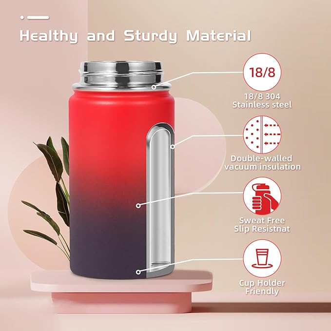 Volhoply 14oz KIds Stainless Steel Insulated Leakproof Water Bottle with Straw Lid and Silicone Boot,BPA-Free Easy Use for Boys&Girls,Double Wall Vacuum Bottles(Red Purple,1)