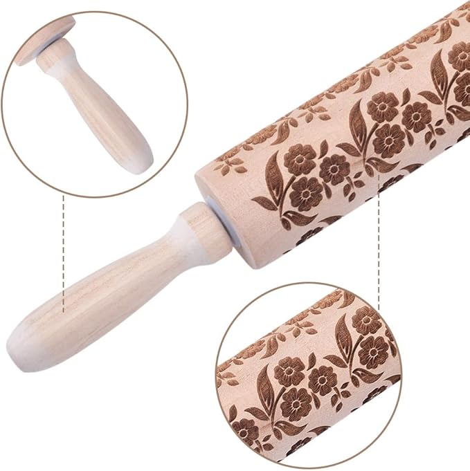 Embossed Wooden Rolling Pin Flower Leaves Print 35cm Rolling Pin for Baking Biscuits 3D Pattern DIY Kitchen Tool Baking Accessories Homemade Bakery Pastry Cookie Fondant Dough Pizza