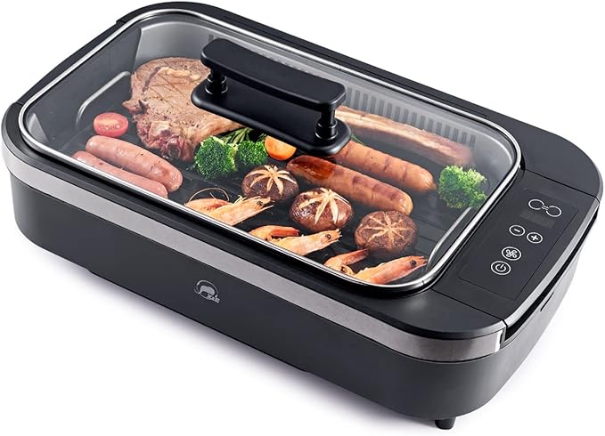 X&E Smokeless Indoor Grill, 1500W Non-Stick Removable Grill Rack & Pan, Adjustable Temperature up to 450°F, Fast Heat Up, Dishwasher Safe, Ideal for Steaks, Burgers, Fish & Veggies, Serves 5 People