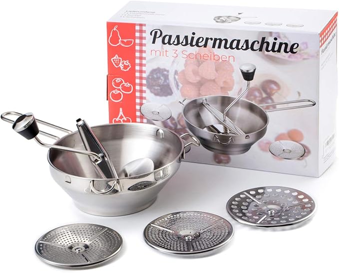 Rotary Food Mill Potato Ricer with 3 Interchangeable Disks, Great for Making Puree or Soups of Vegetables, Baby Foods, Stainless Steel 2 Quart Kitchen Mills, Easy Clean and Assemble, Manual Operati