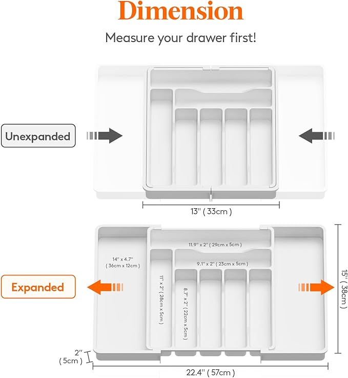 Lifewit Utensil Organizer for Kitchen Drawer, Expandable Cooking Silverware Tray, Adjustable Cutlery Flatware Holder, Plastic Spatula Tools Storage Divider, 13-22.4 x 15", White