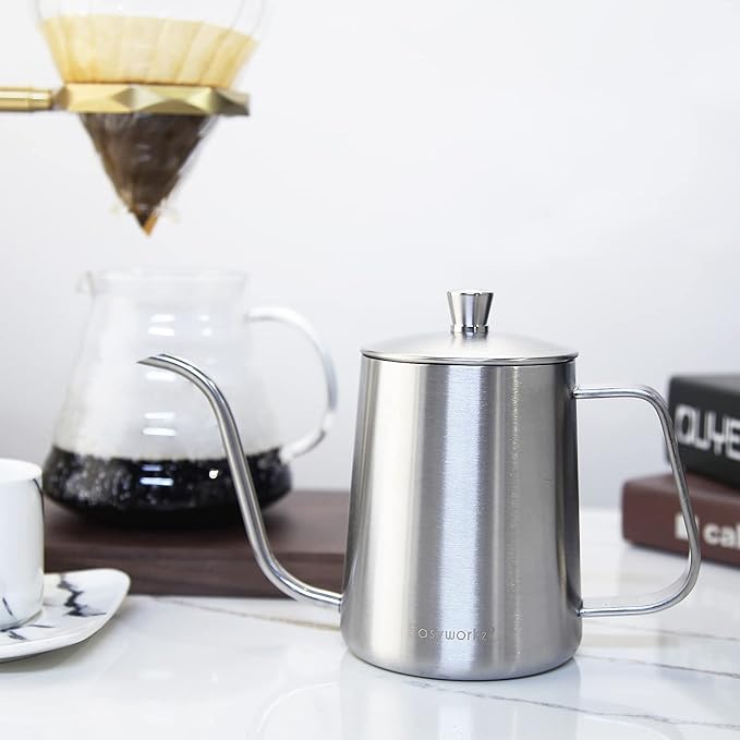 Easyworkz Nando French Press 34 oz, Bundled Gage Gooseneck Pour Over Coffee Kettle 12 oz Stainless Steel Hand Drip Long Narrow Spout, Silver