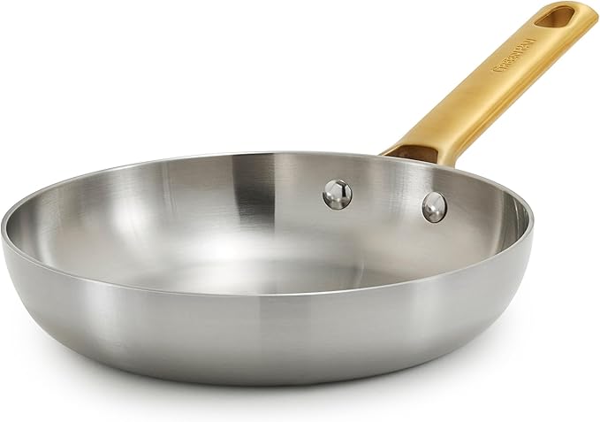 GreenPan Stainless Steel Tri-Ply Reserve 8” Frying Pan Skillet, Multiclad Cookware, Induction, Oven & Broiler Safe to 600°F, Heat Responsive Core, Dishwasher Safe, Gold Handle