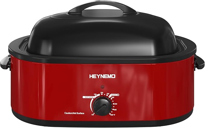 20 Quart Roaster Oven，Electric Turkey Roaster Oven with Defrost & Warm Function, Adjustable Temperature, Removable Pan & Rack, Stainless Steel, Red