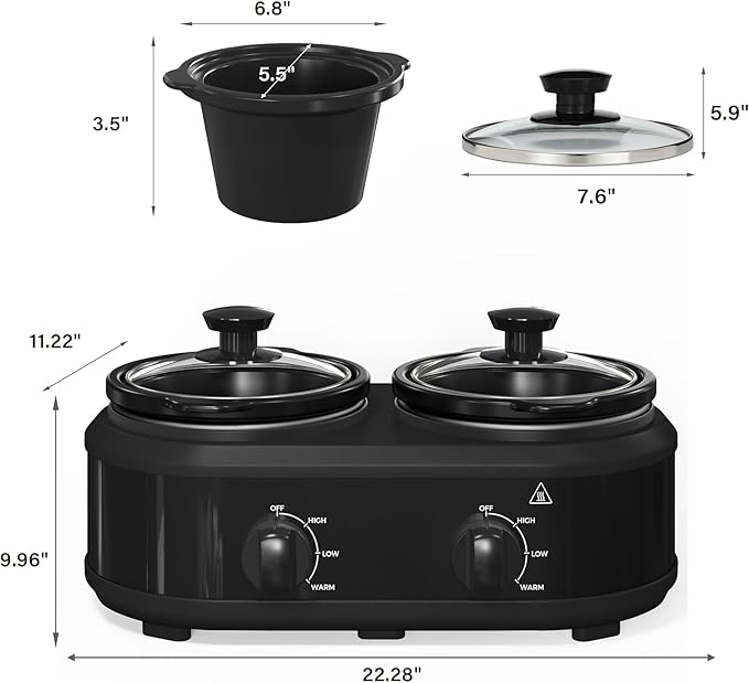 Double Slow Cooker, 2 x 1.25 QT Portable Small Dual Crock Cooker, Buffet Servers and Warmers Dishwasher Safe, Removable Ceramic Pot Glass Lid, Stainless Steel Black