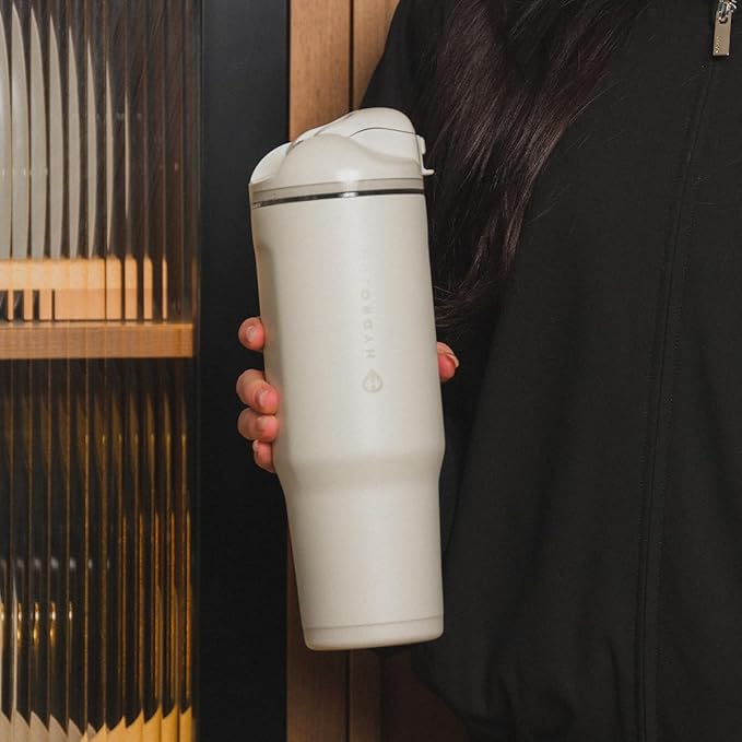 HydroJug Ease2o Water Bottle with Straw & Chug Lid, Stainless Steel, Vented Cap to Help Reduce Pressure, Water-Level Window, Cup Holder Friendly, Non-Slip Base – 32oz, Linen