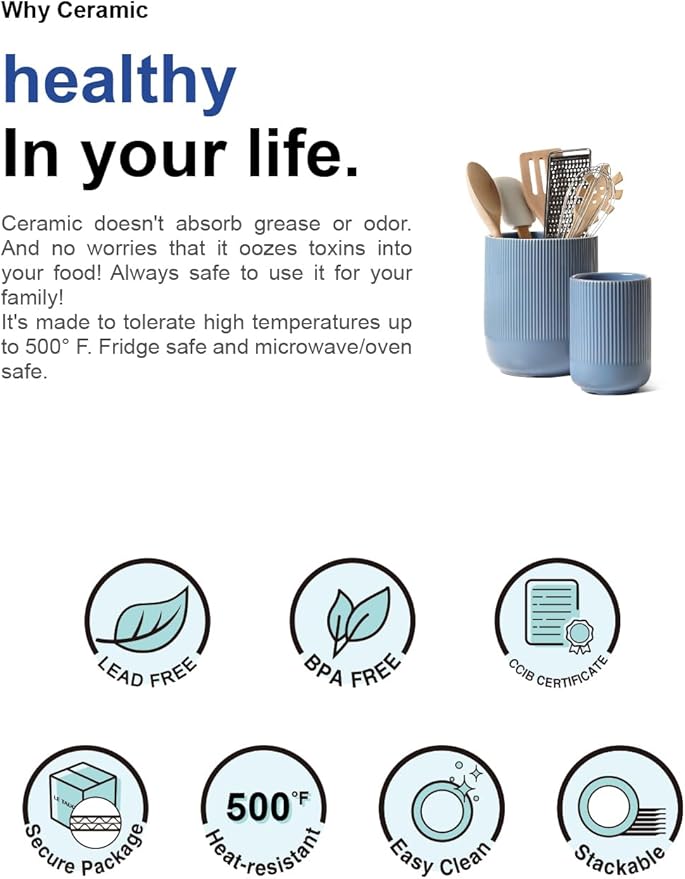 LE TAUCI Utensil Holder for Kitchen Counter, 7.3"+5.4" Fluted Ceramic Utensil Crock Organizer for Countertop, Heavy Large Holder for Spatulas, Spoons, Set of 2, Dusty Blue