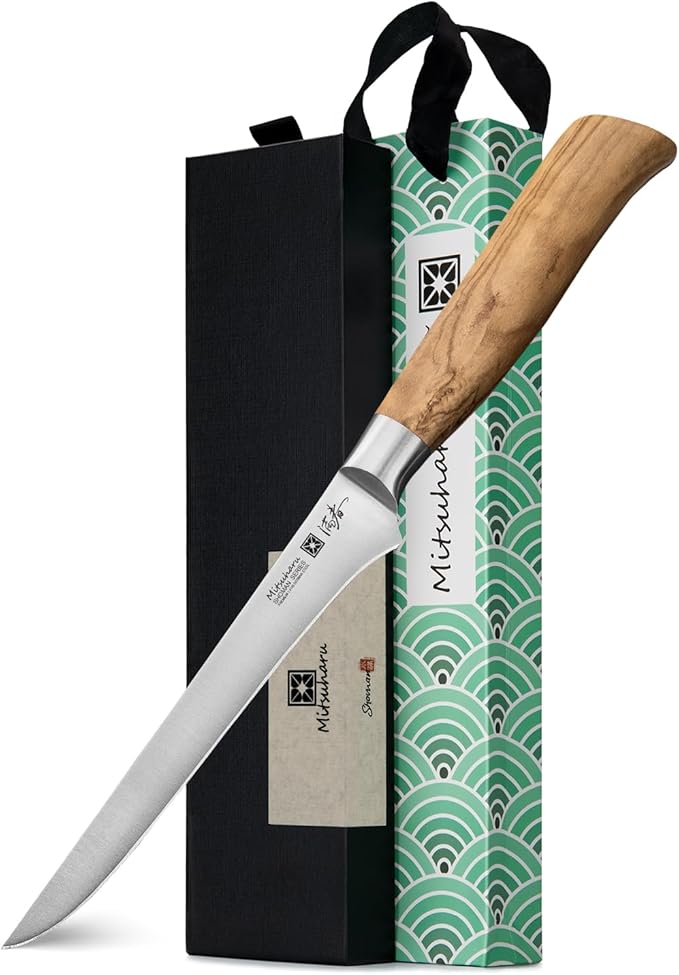 Mitsuharu 6" Fillet Knife for Meat Cutting, SHOMAN Series Sharp Boning Knife with Olive Wood Handle, German Steel Fillet Knife, Super Sharp for Lamb Pork Shoulder Fish