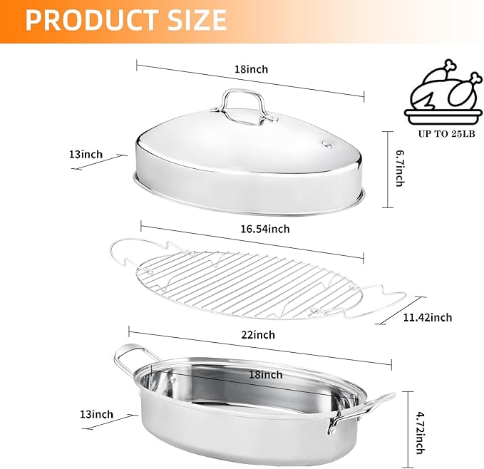 QPMR 22" Stainless Steel Roasting Pan with Lid and Rack,25LB Capacity,Large Roaster Pan for Oven,Nonstick Roasting Pan for Turkey,Chicken,Gifts for Mom,Wife