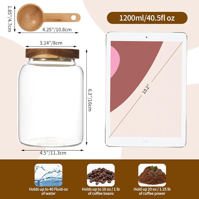 Glass Coffee Storage Jar with Lids Spoon Thicken Glass Coffee Canister Borosilicate Glass Food Containers for Ground Coffee Beans Nut Pasta Sugar Candy Spice Rice Loose Tea