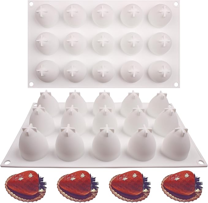 Strawberry Chocolate Silicone Mold for Mousse Cake(15-Cavity), Fruit Shaped Fondant Mold for Birthday Party Cake Decoration Pastry Dessert Pudding Ice Cream Candle Soap
